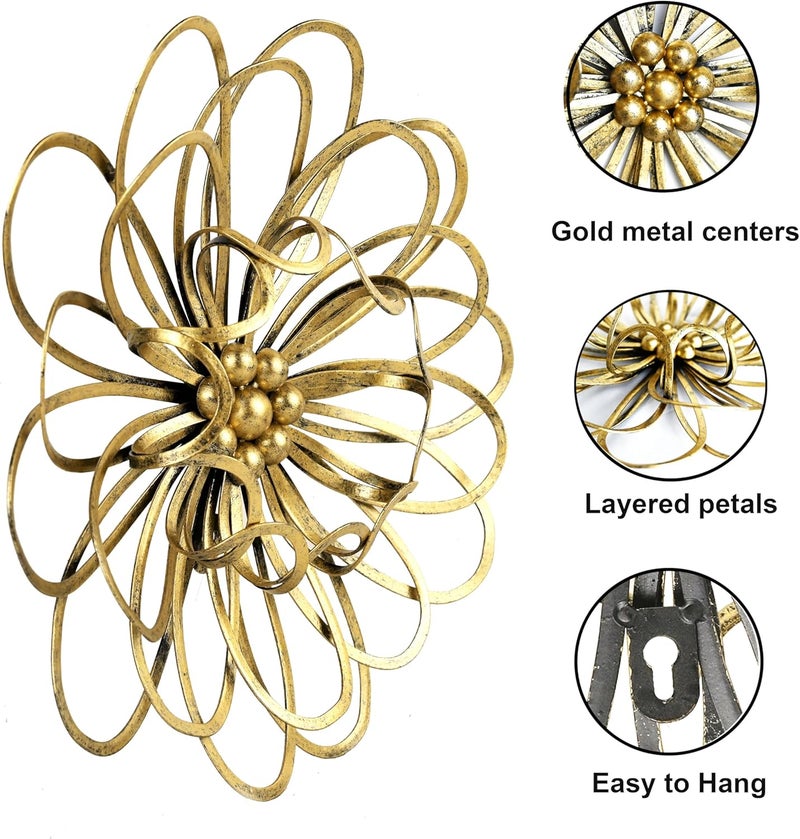 Remenna Metal Flowers Wall Decor, Metal Rustic Wall Art Decoration Farmhouse Wall Decorations Multiple Floral Hanging Decor for Bathroom Living Room Home Office Garden Kitchen 13inch (Rustic Gold) - Image 3